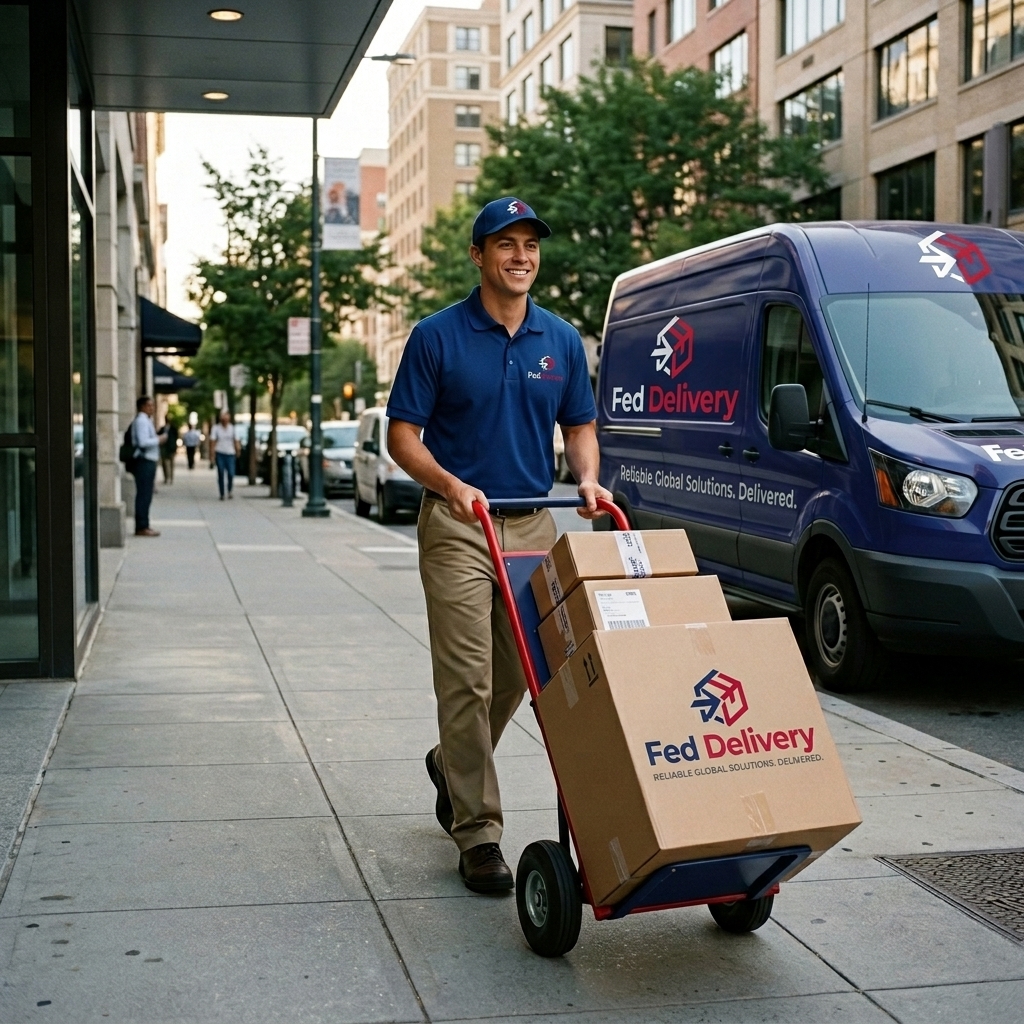 Fed Delivery courier delivering a package